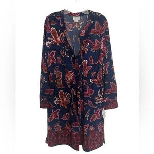 Liz Claiborne Vintage Paisley Floral Midi Shirt Dress Navy Blue Long Sleeve Larg